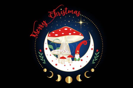 Téléchargez les illustrations : Magic Gnome dans les bois mystiques de champignons sur le croissant de lune et les étoiles. Symbole du concept de Noël, champignons ésotériques sorciers et phases de lune. Jardin magique troll conte de fées caractère. Vecteur isolé - en licence libre de droit