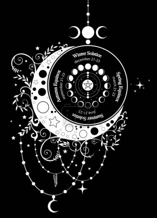 Ilustración de Solstice and equinox circle, wheel of moon phases with dates and names. White floral crescent moon in boho style. Lucky pagan oracle of the Wiccan witches, vector isolated on black background - Imagen libre de derechos