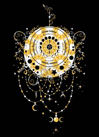 Ilustración de Solsticio y círculo equinoccio, rueda de fases lunares con fechas y nombres. Luna creciente floral de lujo dorado en estilo boho. Afortunado oráculo pagano de las brujas Wiccan, vector aislado sobre fondo negro - Imagen libre de derechos