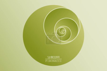 Illustration for Fibonacci Sequence Circle. Golden ratio. 3D Geometric shapes spiral. Green gradient Circles in golden proportion, minimalist design. Vector circular Logo icon isolated on light green background - Royalty Free Image