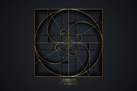Illustration for Fibonacci Sequence Spirals. Golden ratio. Gold Geometric shapes spiral in golden proportion, minimalist line art luxury design. Vector circular Logo icon isolated on black background - Royalty Free Image