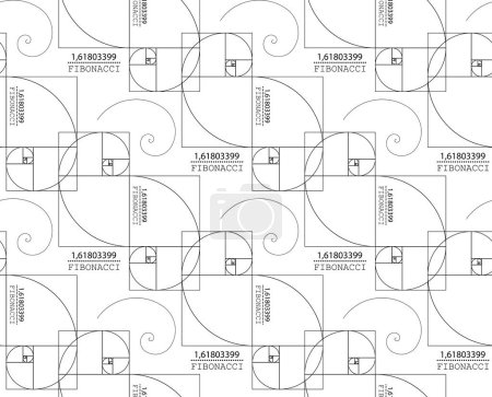 Illustration for Seamless pattern of Fibonacci Sequence Spirals. Golden ratio. Geometric shapes spiral in golden proportion, minimalist line art wallpaper design. Vector illustration isolated on white background - Royalty Free Image