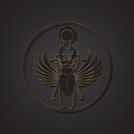 Téléchargez les illustrations : Cornes de scarabée sacrée égyptienne avec des ailes. Logo noir, silhouette dorée. Insecte vecteur isolé sur un fond noir. Symbole des anciens Égyptiens du dieu du soleil en forme de cercle - en licence libre de droit