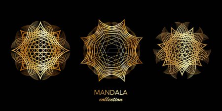 Photo for Set Golden Mandala, Abstract Geometric technological circles, wireframe logo business Concept Vector Luxury Bundles, Sacred Geometry in round gold foil lines isolated on black background - Royalty Free Image