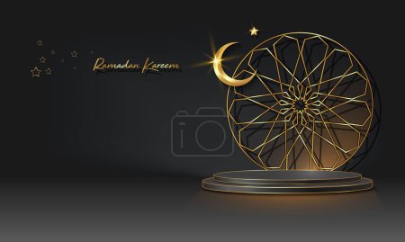 Photo for Luxury Islamic Podium with gold crescent moon, traditional islamic round frame. 3D Horizontal Arabic Banner for product showcase, Product presentation, cosmetic, base, ramadan sales, black background - Royalty Free Image