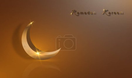Photo for Ramadan Kareem banner, 3D gold crescent moon, holiday greeting traditional islamic. Arabic design for product showcase, presentation, cosmetic, base, ramadan sales, copy space on beige background - Royalty Free Image