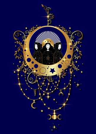 Photo for Mystical triple goddess, priestesses on magical crescent moon. Beautiful celestial fairy women in gold boho style. Gothic Witch wiccan female sacred design. Vector isolated on blue background - Royalty Free Image