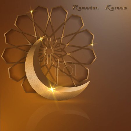 Photo for Ramadan Kareem banner, 3D gold crescent moon, holiday greeting traditional islamic. Arabic design for product showcase, presentation, cosmetic, base, ramadan sales, copy space on beige background - Royalty Free Image