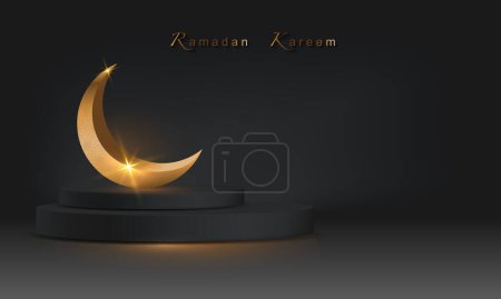 Photo for Ramadan Luxury Islamic Podium with gold crescent moon, traditional islamic round frame. 3D Horizontal Arabic Banner for product showcase, Product presentation, cosmetic, base, sales, black background - Royalty Free Image