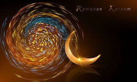 Photo for Ramadan Kareem banner, 3D gold crescent moon, holiday greeting traditional islamic. Arabic design for product showcase, presentation, cosmetic, base, ramadan sales, spiral lights colorful background - Royalty Free Image