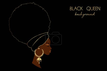 Photo for Black queen template, portrait African woman in Afro Curly hair, luxury golden earrings and turban. Beauty fashion design. Vector illustration isolated on black background. - Royalty Free Image
