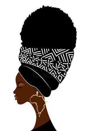 Photo for Portrait african woman with traditional head turban for Afro Curly hair. Africa luxury gold earrings. Typical headscarf. Beauty ethnic fashion design. Vector illustration isolated on white background - Royalty Free Image