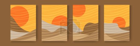 Photo for Set card of abstract landscape. Desert wild nature landscapes silhouette template. Vertical banners sand texture with pattern wavy lines. Dunes at sunset backgrounds - Royalty Free Image