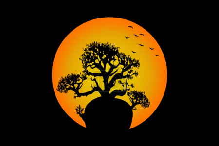 Boab Baum mit Mond und Vögel fliegen um den Baum herum. Baobab Tree Landschaft australisches patriotisches Symbol. Andasonia Baum Silhouette Symbol und Sonnenlichtverlauf, Vektor isoliert auf schwarzem Hintergrund