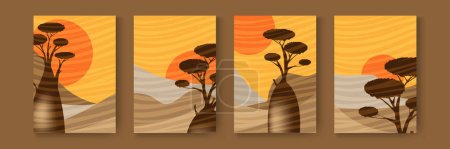 Set card of boab trees and abstract landscape. Baobab on Desert wild nature landscapes silhouette template. Vertical banners sand texture with pattern wavy lines. Dunes at sunset backgrounds