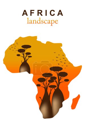Africa map silhouette on boab trees and abstract sunset landscape. Baobabs on African wild nature. Vector illustration logo template isolated on white background 