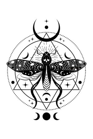 Mystische Totenkopfmotte in dunkelschwarzer Farbe. Sichelmond und Zaubergöttin, Schmetterling mit Totenkopf. Heilige Geometrie. Alchemie, Magie, Esoterik, okkulte Zeichen isoliert auf weißem Hintergrund
