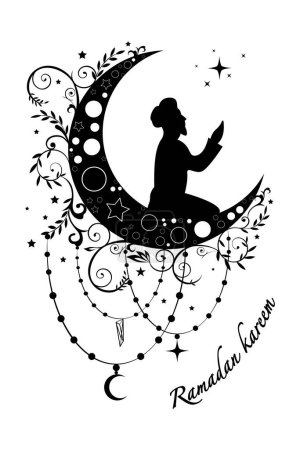 Silhouette eines Muslim, der auf dem Mond betet, Ramadan-Konzept im Boho-Stil. Das islamische Symbol kann für den Monat Ramadan, Eid und Eid Al-Adha verwendet werden. für Logo-, Webseiten- und Plakatentwürfe. Vektor