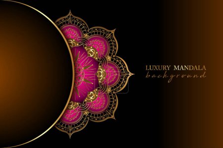 Photo for Luxury ornamental mandala design background in gold color. Indian Round gold floral decoration on pink color, Islamic flower design with copy space, vector illustration on dark brown banner template - Royalty Free Image