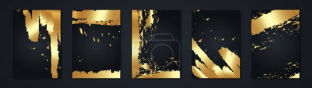 Photo for Set card of gold grunge overlay. Hand drawn abstract frame. Ink brush strokes mess. Dirty design for poster, invitation, gift card, coupon, book cover, Banner. Vector retro black background collection - Royalty Free Image