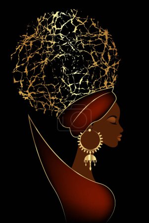 Photo for Black queen, portrait of African woman in Afro Curly hair, luxury golden earrings and turban. Vector illustration isolated on black background. - Royalty Free Image