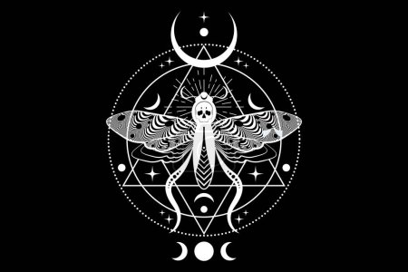 Mystische Totenkopfmotte in dunkelschwarzer Farbe. Sichelmond und Zaubergöttin, Schmetterling mit Totenkopf. Heilige Geometrie. Alchemie, Magie, Esoterik, okkulte Zeichen isoliert auf schwarzem Hintergrund