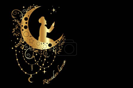 Ilustración de Silueta de oro de un musulmán rezando en la Luna Cescente, concepto de Ramadán en estilo boho. Símbolo islámico de lujo se puede utilizar para el mes de Ramadán para el logotipo, sitio web y diseños de pósters. vector - Imagen libre de derechos