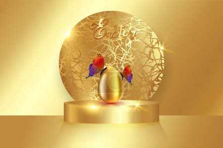 Easter gold podium and realistic golden egg with luxury colorful butterflies, Happy Easter day platform for product display. stand to show products. Stage podium, pedestal display luxury background