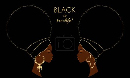Photo for Black is beautiful concept, portrait African women in Afro Curly hair, luxury golden earrings and turban. Beauty fashion template. Vector illustration isolated on black background. - Royalty Free Image