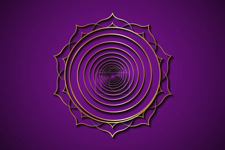 Goldene Spirale auf heiligem Lotusrahmen, luxuriöse Logovorlage. Esoterische Motive des Buddhismus, spirituelles Yoga. Golden lucky Mandala, Vektor-Illustration isoliert auf violettem Hintergrund 