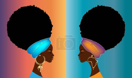 Photo for Portrait African women in Afro Curly hair, luxury golden earrings and turban. Beauty fashion template. Vector illustration isolated on colorful background. - Royalty Free Image