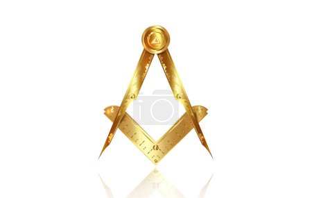 Freimaurerabzeichen in Gold, Freimaurerquadrat und Kompasssymbol. Alle sehenden Auge Gottes in heiliger Geometrie Dreieck, Mauerwerk und illuminati Symbol, rundes Logo-Design-Element. Vektor isoliert auf weiß
