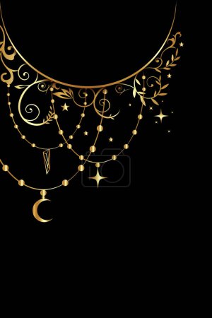 Photo for Mystic celestial golden frame with stars, floral, crescent, and copy space in boho style. Ornate magical banner with a place for text. Vector gold border isolated on black background - Royalty Free Image