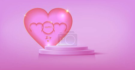 Photo for Mother's Day banner, 3d stage podium decorated with gold heart shape. Pedestal scene for product, advertising, show, mom ceremony, isolated on pink background. Minimal style. Vector illustration - Royalty Free Image