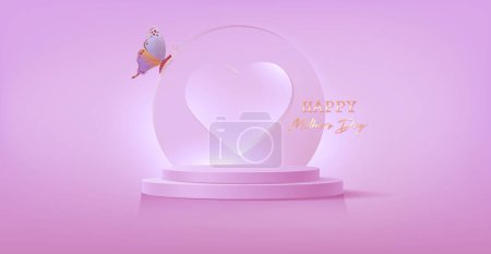 Photo for Mother's Day banner, 3d stage podium decorated with round heart shape and butterfly. Pedestal scene for product, advertising, show, mom ceremony, pink background. Minimal style. Vector illustration - Royalty Free Image