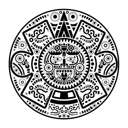 Photo for Sacred Aztec wheel calendar Mayan sun god, Maya symbols ethnic mask, black tattoo round frame border old logo icon vector illustration isolated on white background - Royalty Free Image