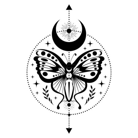 Illustration for Mystic black moth, magic butterfly and crescent moon, sacred symbols for witchcraft, occult, esotericism, print, poster, tattoo. Vector pagan magical seal isolated on white background - Royalty Free Image