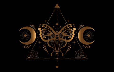Mystic gold moth, magic butterfly and crescent moon, sacred symbols for witchcraft, occult, esotericism, print, poster. Vector golden pagan magical seal isolated on black background