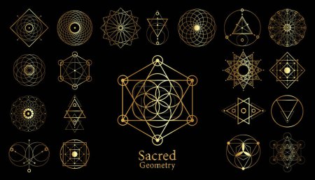Photo for Gold Sacred geometry vector design elements. Alchemy, religion, philosophy, spirituality, luxury hipster symbols. Set collection, golden signs isolated on black background - Royalty Free Image