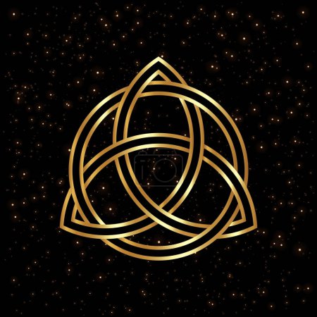 Geometrisches Logo von Triquetra, Gold-Dreifaltigkeitsknoten, Wiccan-Symbol zum Schutz. Vector goldener keltischer Knoten isoliert auf schwarzem nächtlichem Sternenhintergrund. Wicca Wahrsagungssymbol, altes okkultes Zeichen