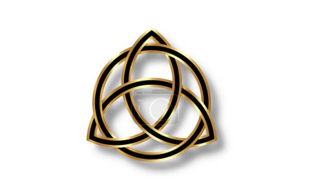 Logo géométrique Triquetra, noeud Gold Trinity, symbole Wiccan pour la protection. Vecteur noeud celtique doré et noir isolé sur fond blanc. Symbole de divination Wicca, signe occulte ancien