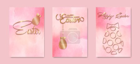 Photo for Set card Happy Easter gold texture,  luxury pink watercolor background. Easter holiday invitations templates collection with hand drawn lettering and gold easter eggs. Vector fashion illustration - Royalty Free Image