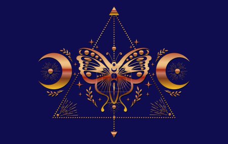 Illustration for Mystic gold moth, magic butterfly and crescent moon, sacred symbols for witchcraft, occult, esotericism, print, poster. Vector colorful pagan magical seal isolated on blue background - Royalty Free Image
