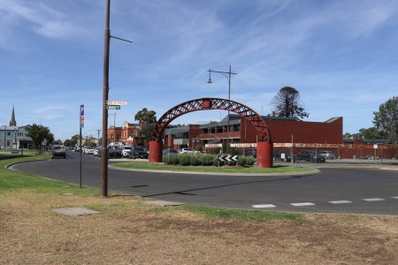 Photo for ECHUCA, AUSTRALIA - March 1, 2020: traffic roundabout with historic steel display at Echuca - Royalty Free Image