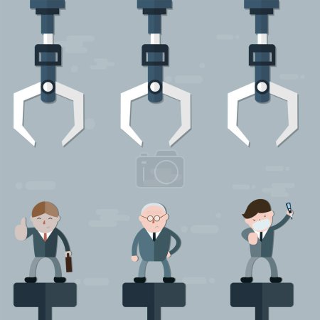 Téléchargez les illustrations : Flat design of cartoon charactor concept, The robotic arms was recruiting the unsuitable people, Three men with difference charactor waiting for choosing - vector illustration - en licence libre de droit