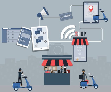 Ilustración de Diseño plano de éxito empresarial, La pequeña tienda que utiliza Internet y la IA en su aplicación en línea para aumentar - Imagen libre de derechos
