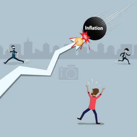 Illustration for Flat design of Inflation crisis,A ball with the word inflation is going to attack the arrow, cartoon concept - vector illustration - Royalty Free Image