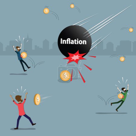 Illustration for Flat design of Inflation crisis, The ball with words inflation, was rushing towards the pile of money that was placed there, cartoon concept - vector illustration - Royalty Free Image
