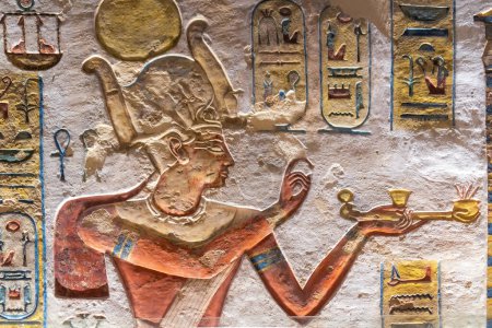 Beautiful details and hieroglyphics in the tomb of Ramesses III in the Valley of the Kings near Luxor, Egypt