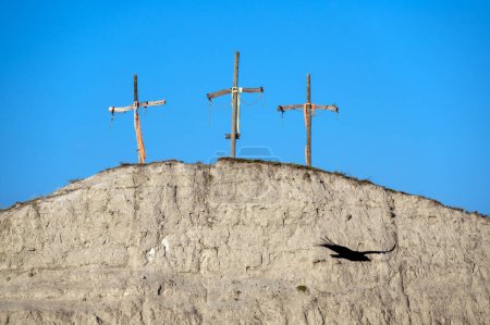 Drei Kreuze auf einem Hügel mit einem Geier im Vordergrund in der Tatacoa-Wüste in Huila, Kolumbien